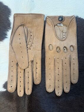 Women’s Vintage Tan Leather Driving Gloves - Classic Perforated Style
